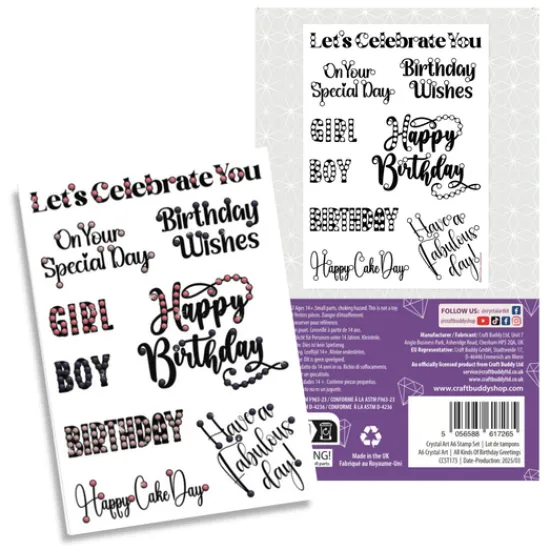 Craft Buddy All Kinds Of Birthday Greetings Crystal Art A6 Scrapbook Stamp Set New